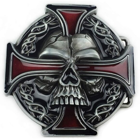 Men's Silver/red Western Skull And Celtic Cross Zinc Alloy Biker Belt Buckle - Picture 1 of 5